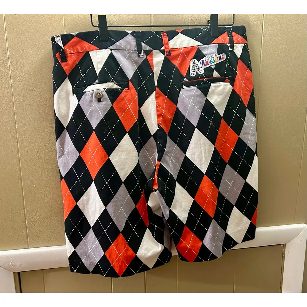 Men's Royal & Awesome Flat Front Golf Chino Shorts Size 36 Black Orange Argyle